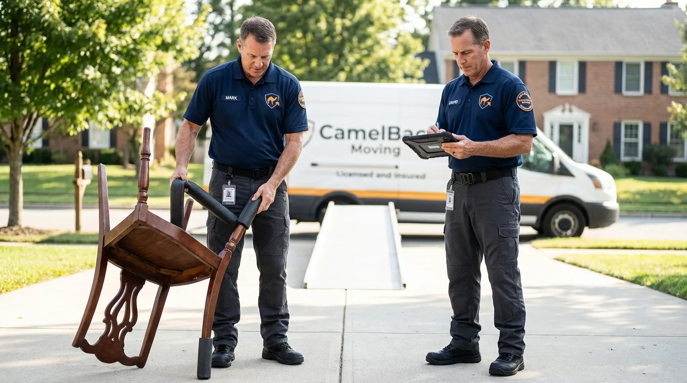 Movers inspecting furniture for damage prevention before loading in Lambertville, MI