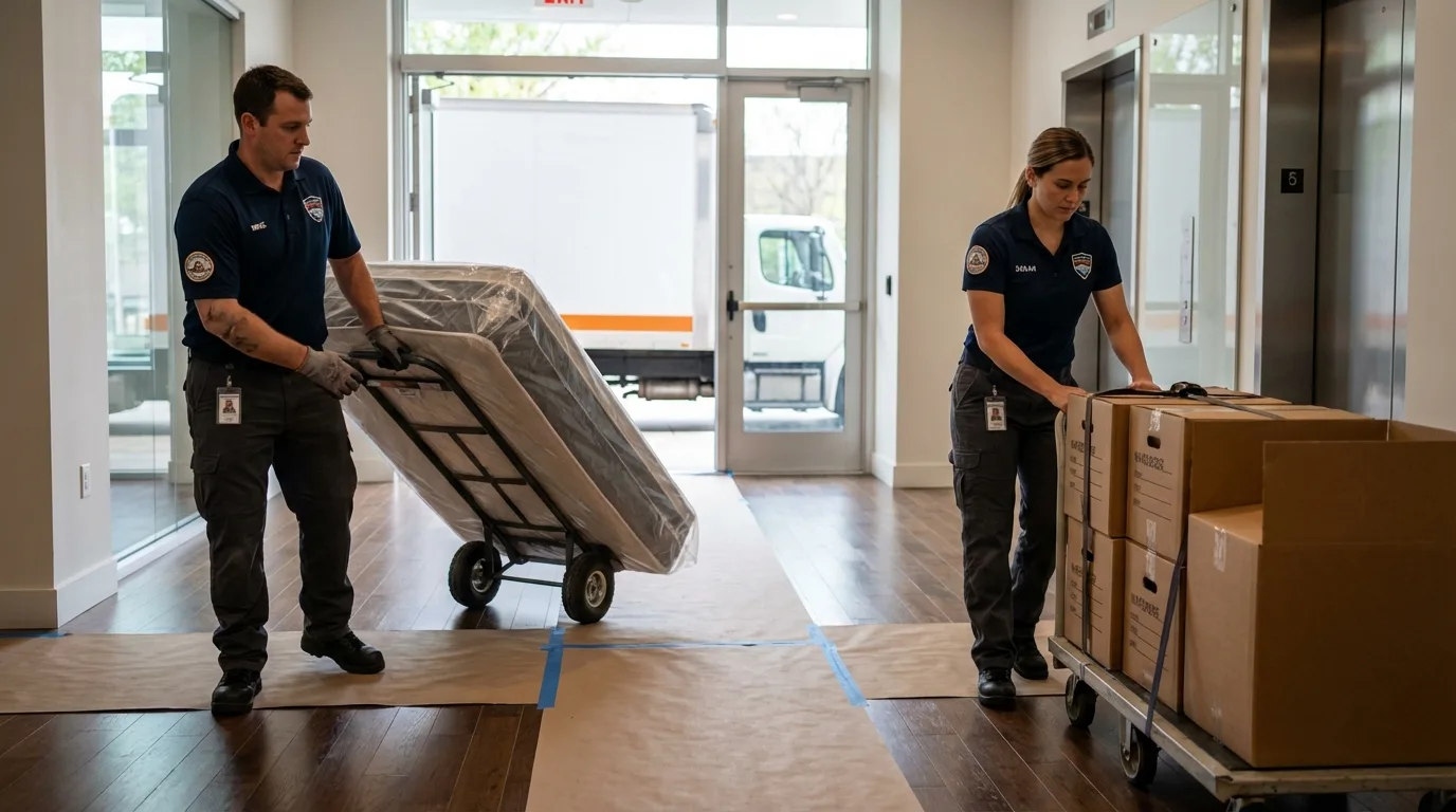 Professional apartment movers loading elevator in Lambertville, MI