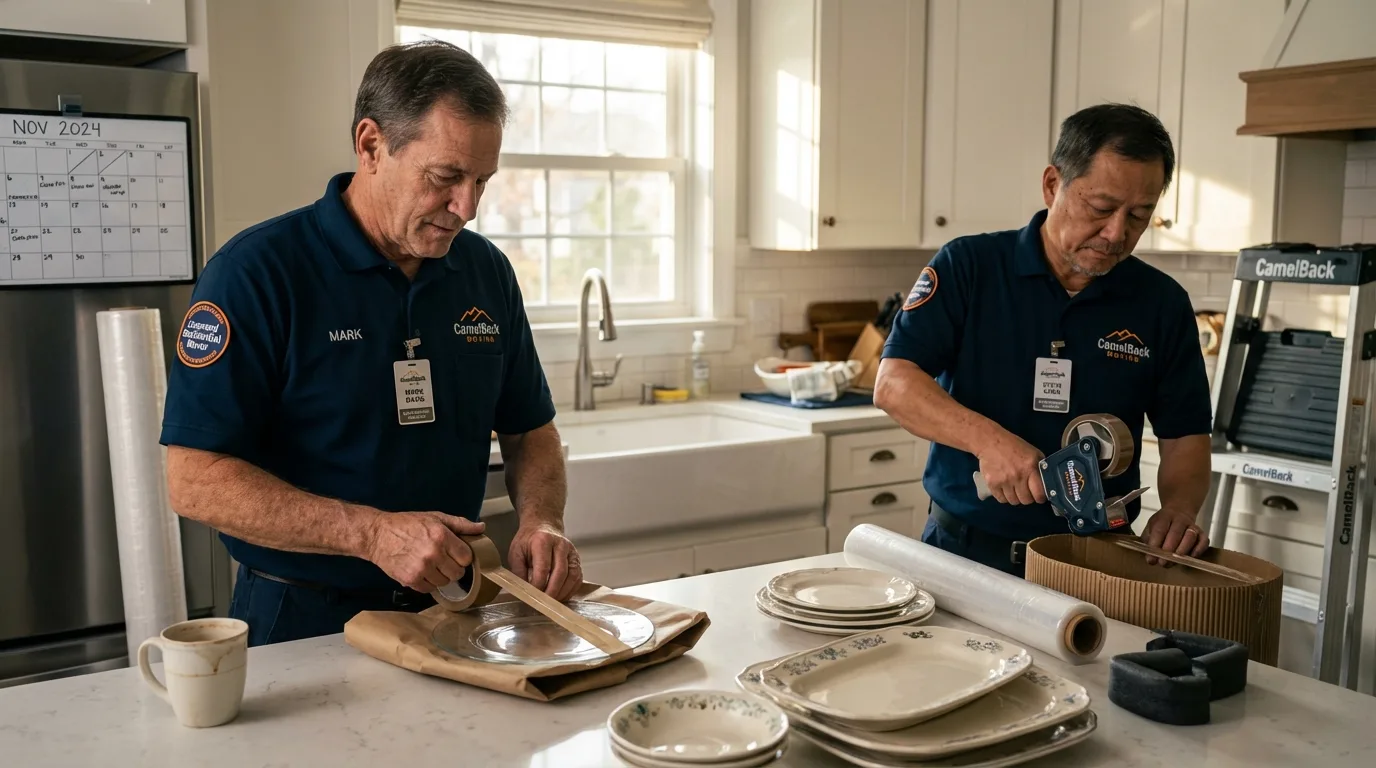 Professional crew packing kitchen dishware in Lambertville, MI